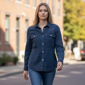 Gap 1969 Denim Shirt Jacket Womens M Black Excellent Embroidered Utility Zip